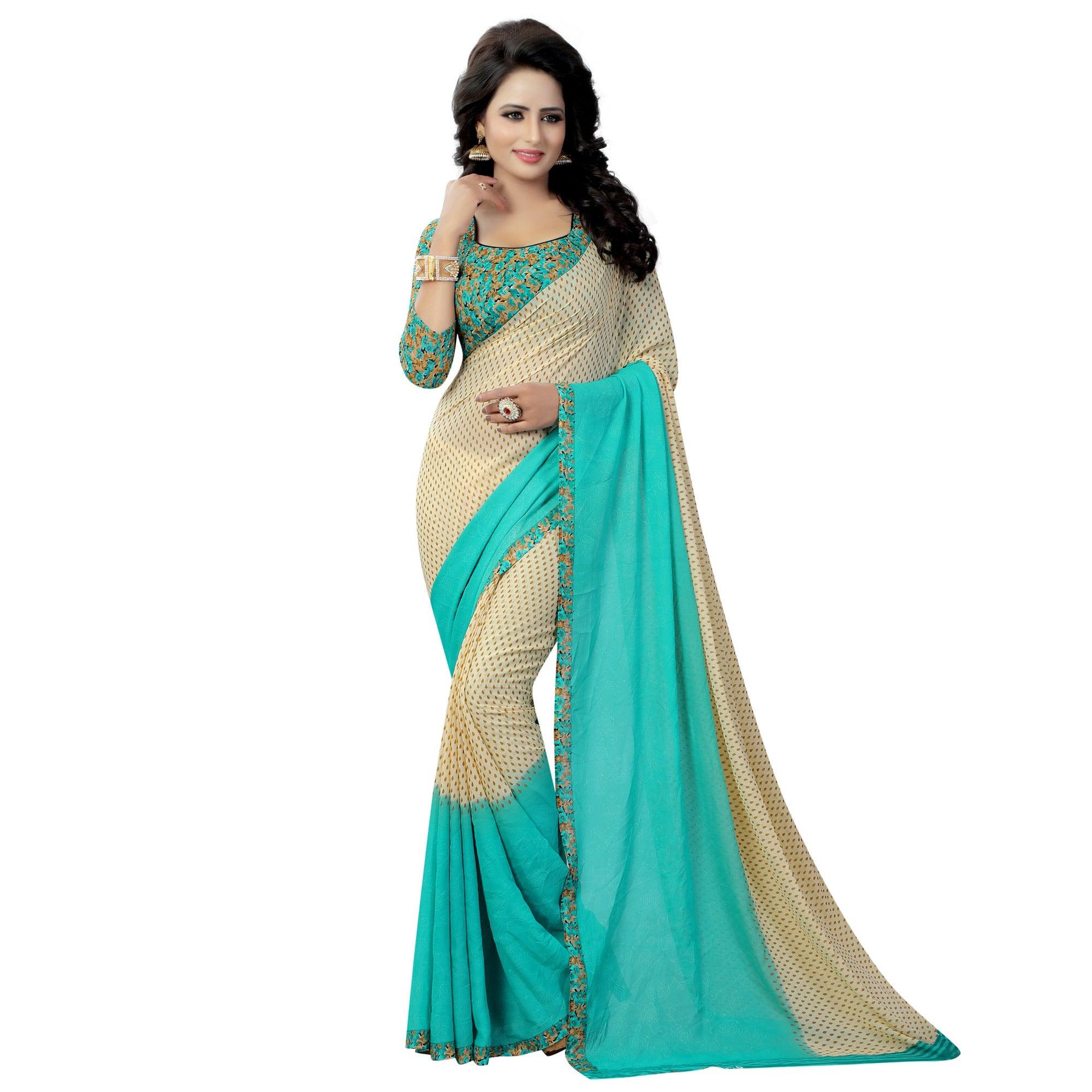 Beige Floral Printed Grorgette Half & Half Saree - Peachmode