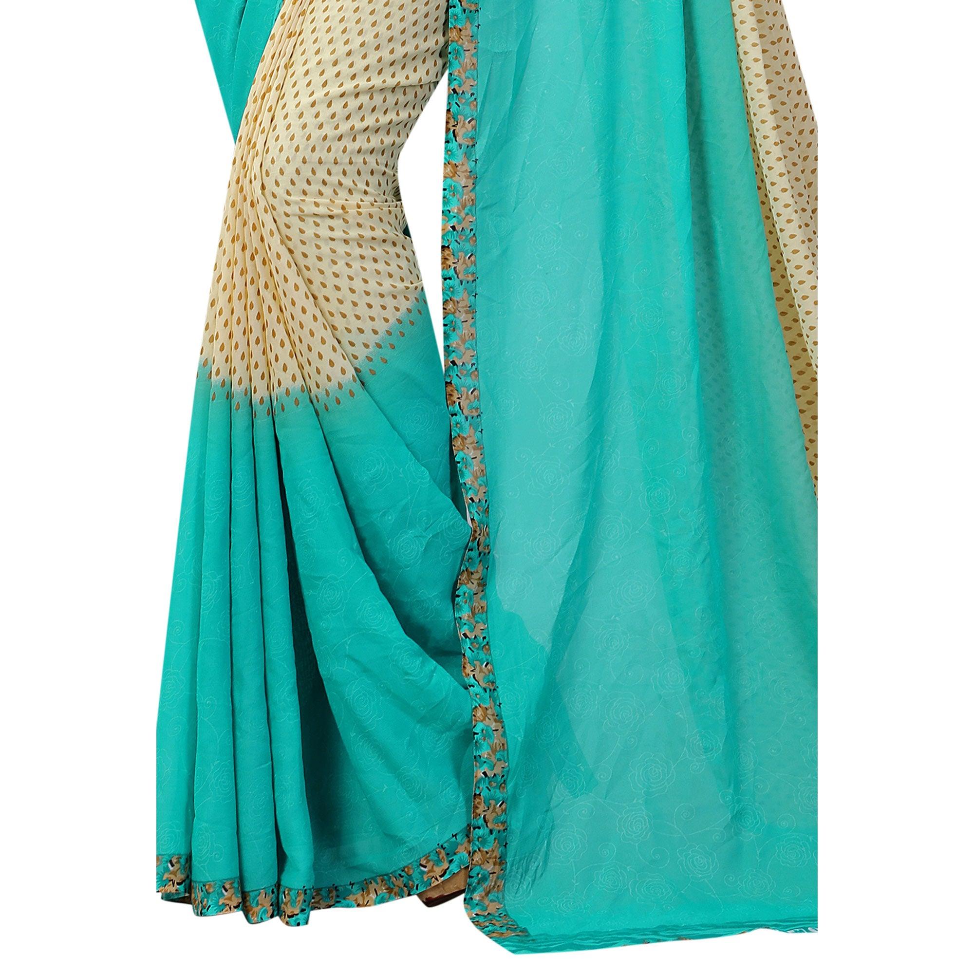 Beige Floral Printed Grorgette Half & Half Saree - Peachmode