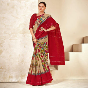 Beige Floral Printed Poly Cotton Saree - Peachmode