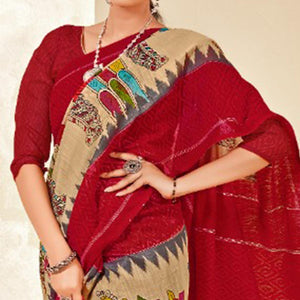 Beige Floral Printed Poly Cotton Saree - Peachmode