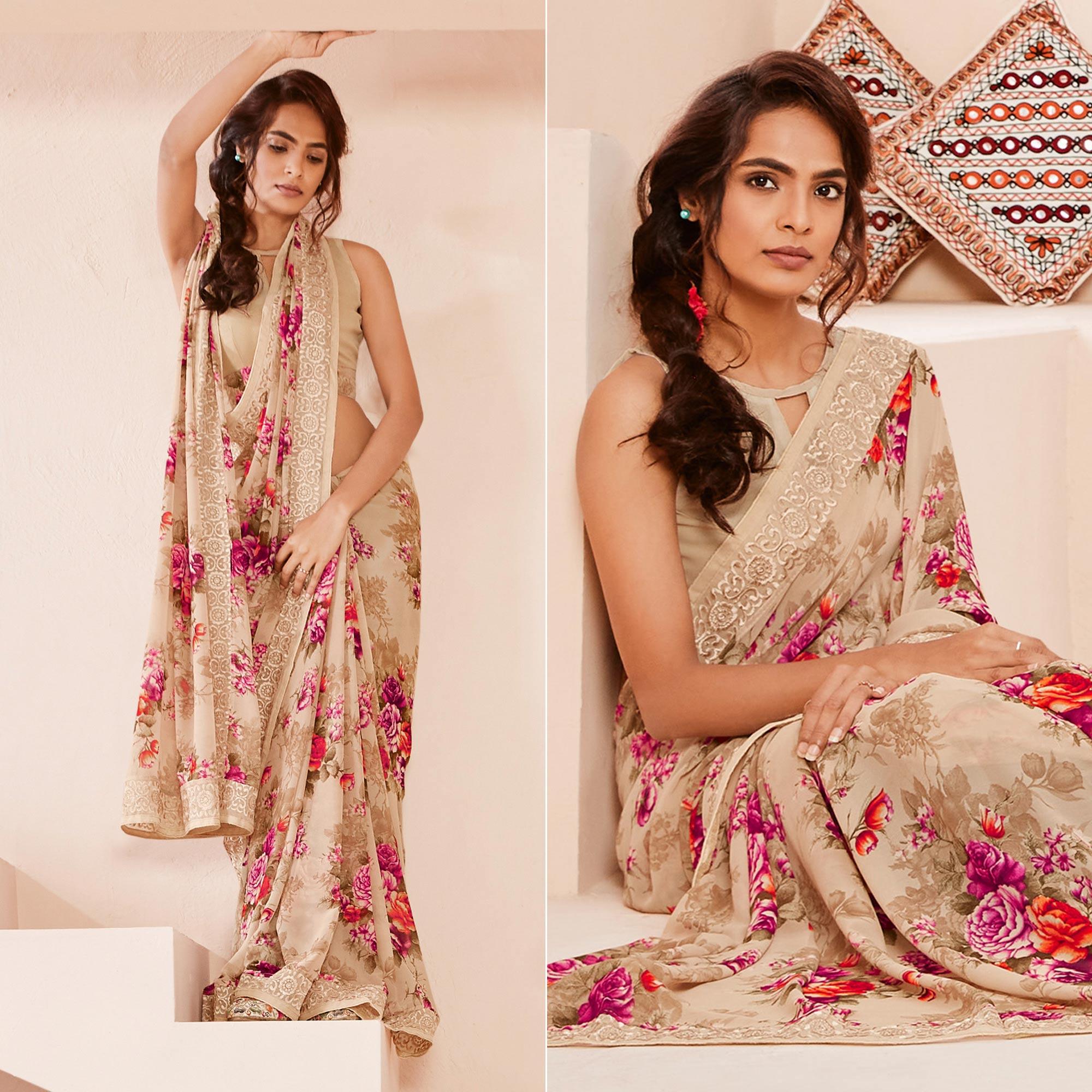 Beige Floral Printed With Embroidered Border Georgette Saree - Peachmode