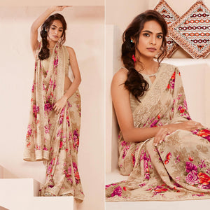 Beige Floral Printed With Embroidered Border Georgette Saree - Peachmode
