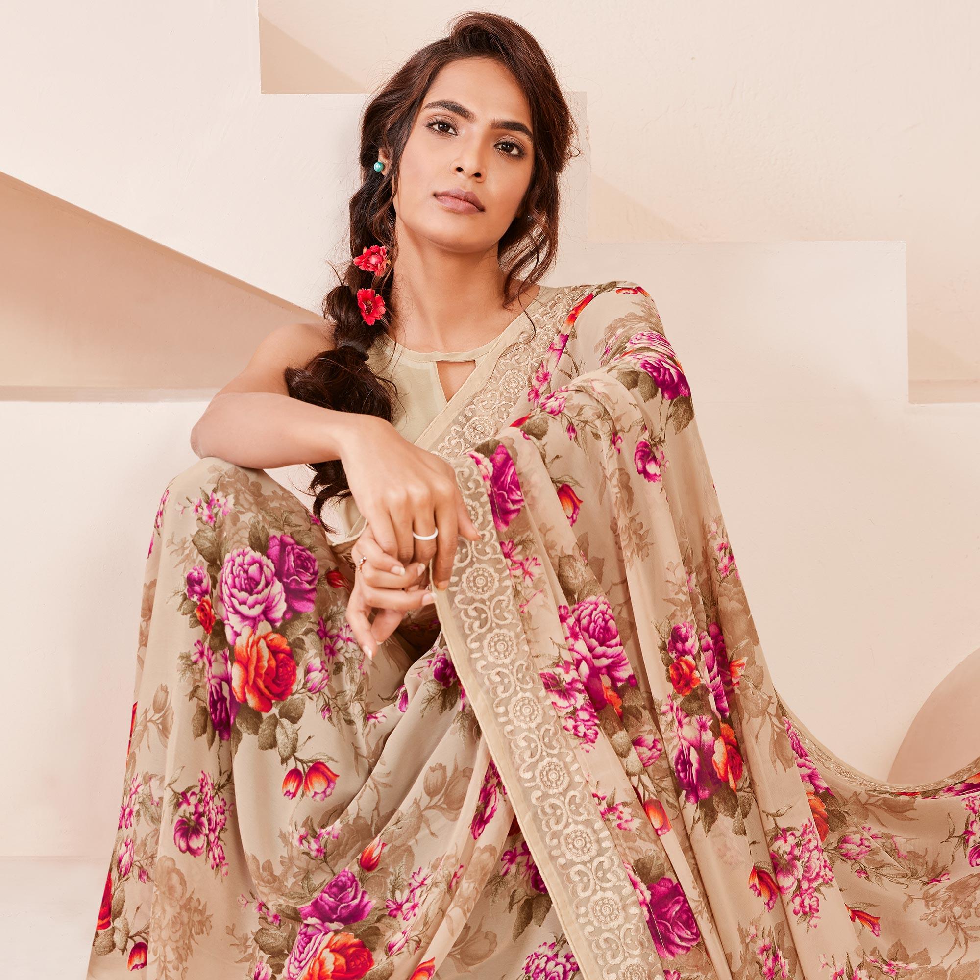 Beige Floral Printed With Embroidered Border Georgette Saree - Peachmode