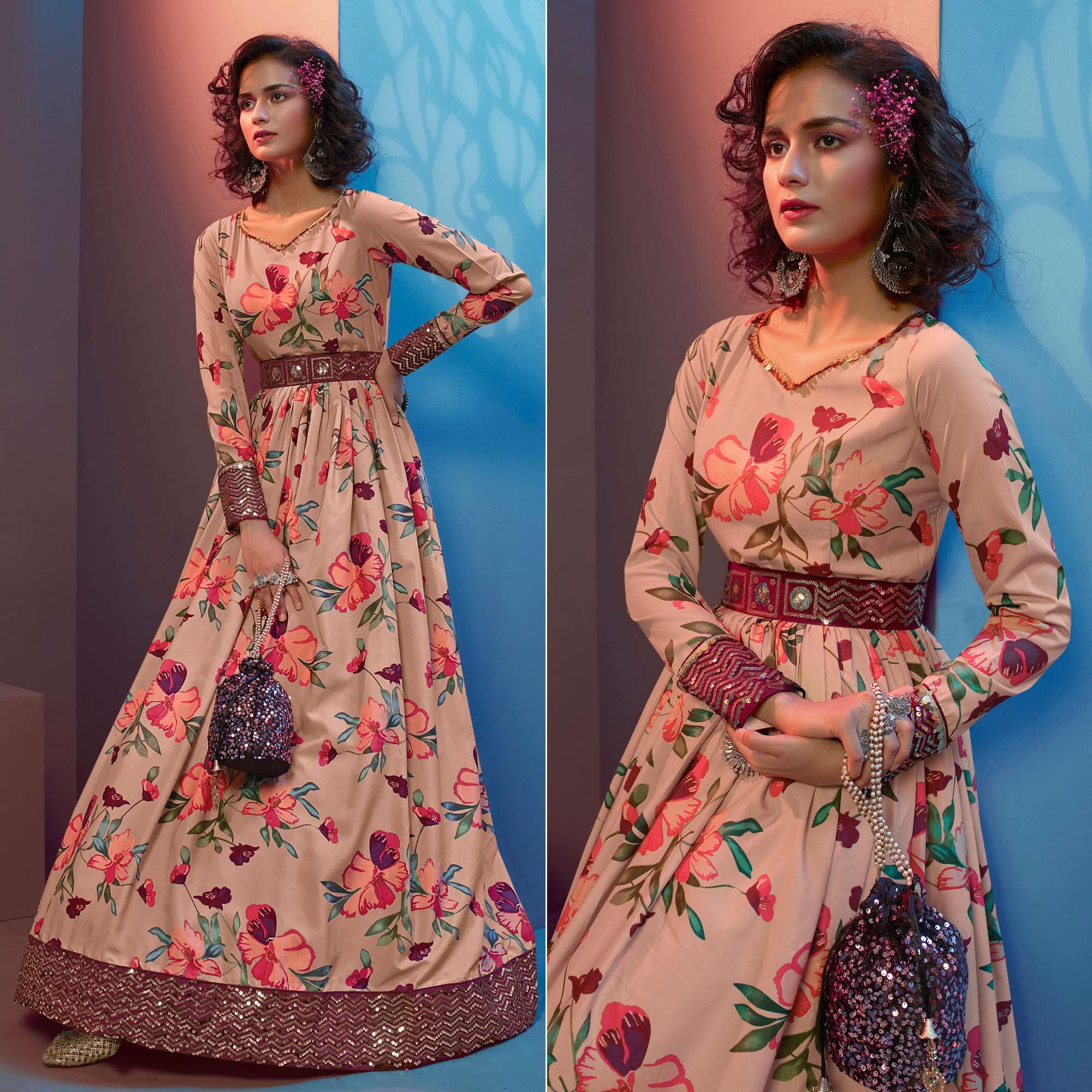 Beige Floral Printed With Sequence Pure Silk Anarkali Style Gown - Peachmode