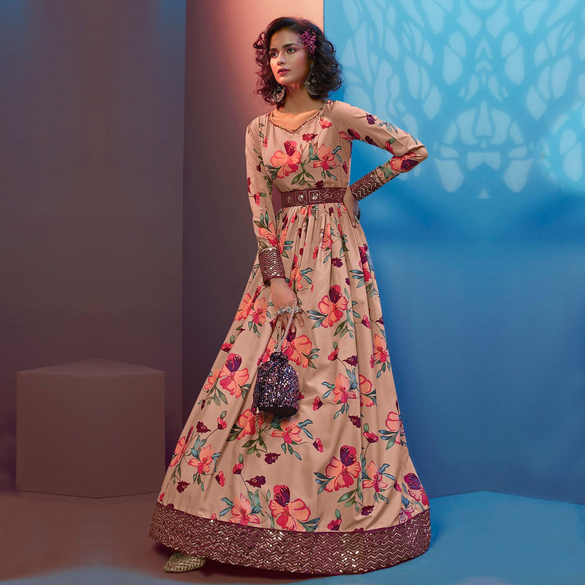 Beige Floral Printed With Sequence Pure Silk Anarkali Style Gown - Peachmode