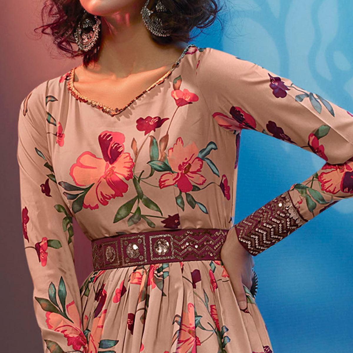 Beige Floral Printed With Sequence Pure Silk Anarkali Style Gown - Peachmode