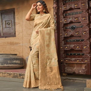 Beige Floral Woven Pure Cotton Saree - Peachmode