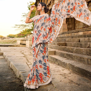 Beige Foil Printed Georgette Saree - Peachmode