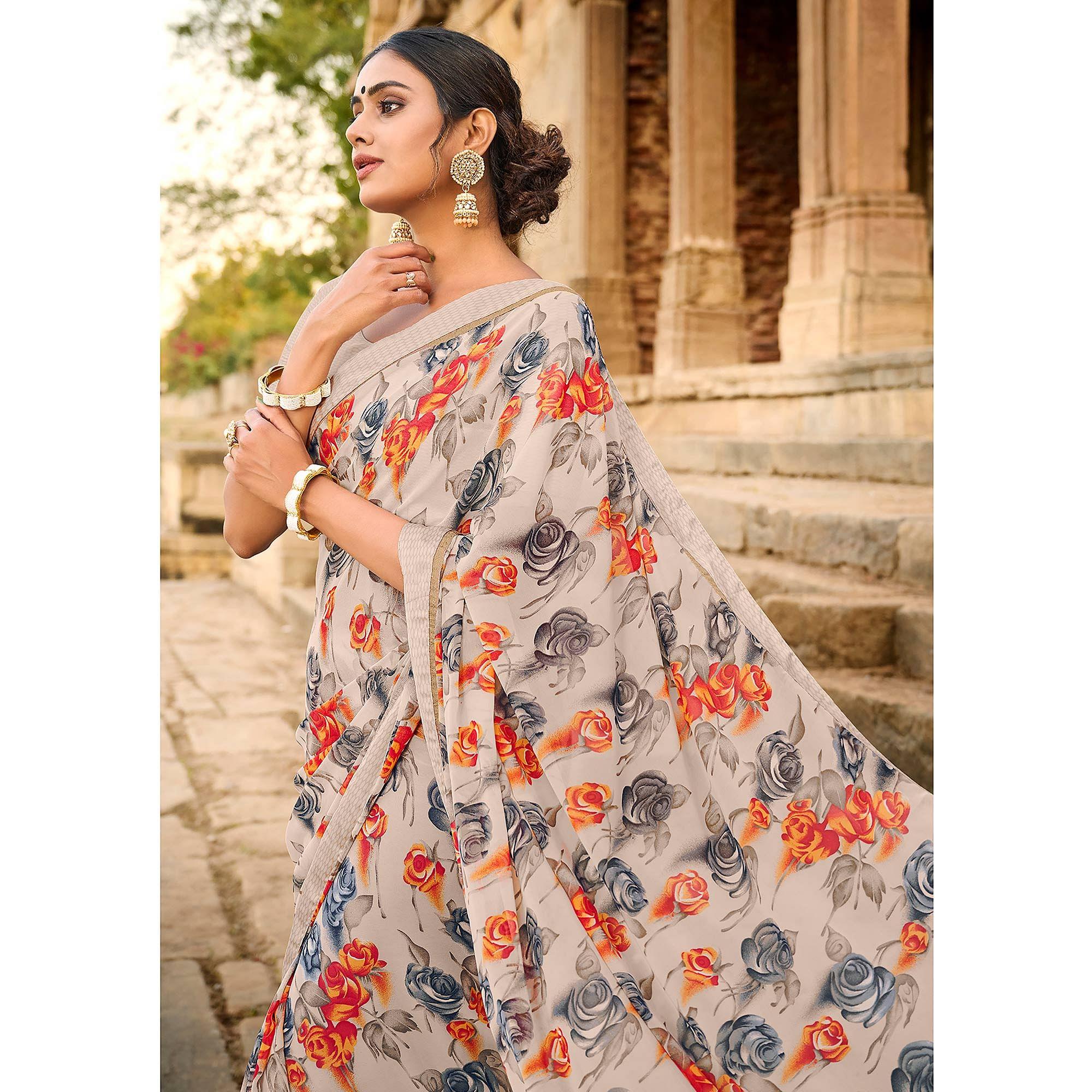 Beige Foil Printed Georgette Saree - Peachmode