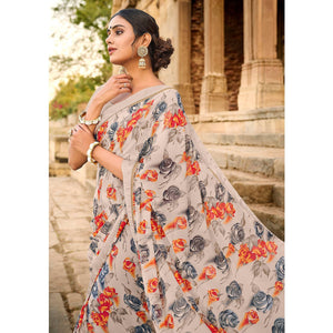Beige Foil Printed Georgette Saree - Peachmode