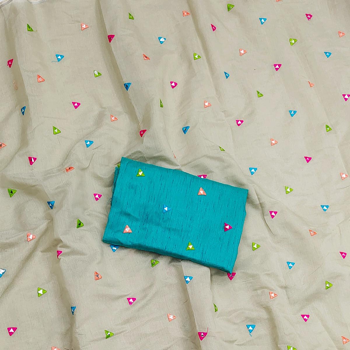 Beige Geometric Embroidered Cotton Blend Saree - Peachmode