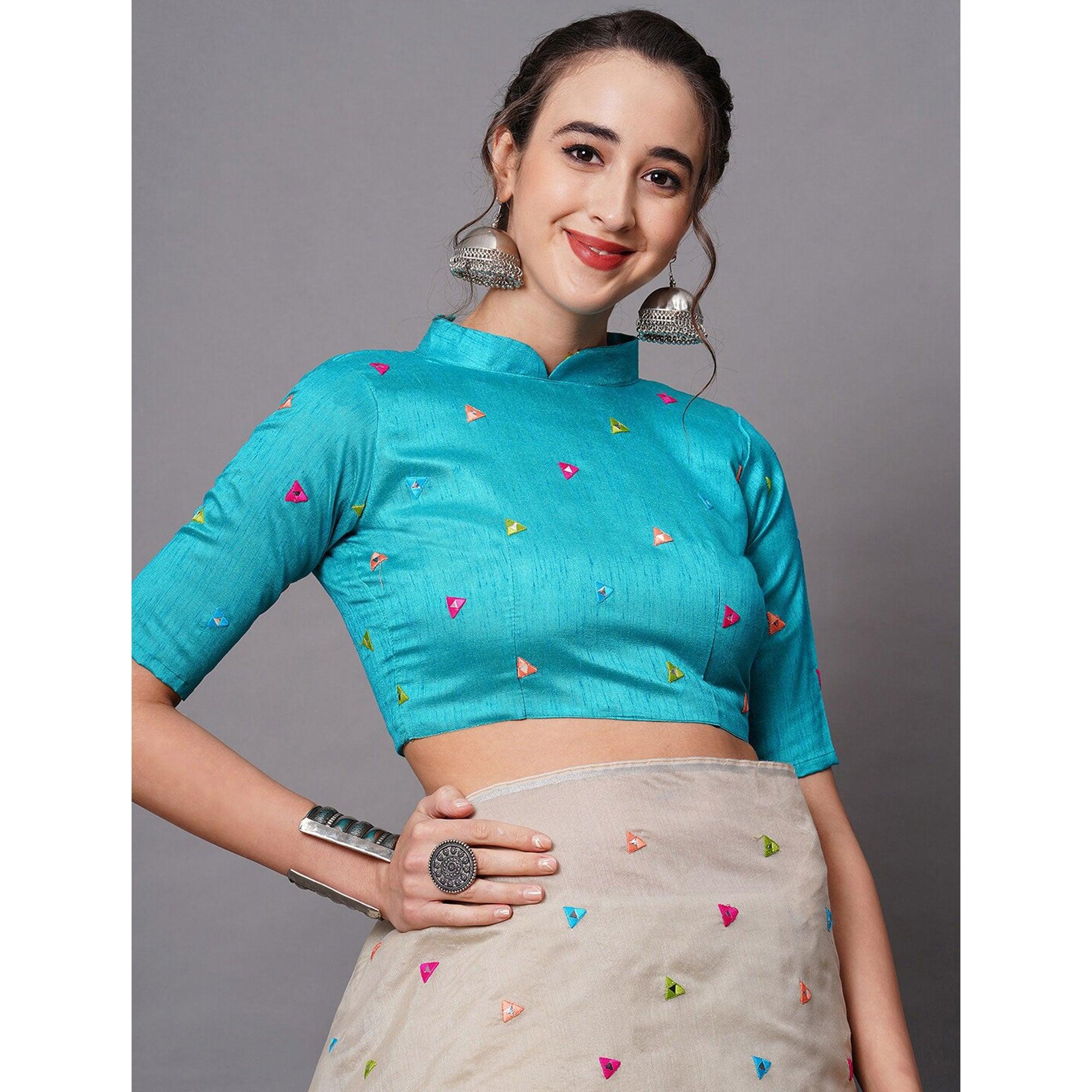 Beige Geometric Embroidered Cotton Blend Saree - Peachmode