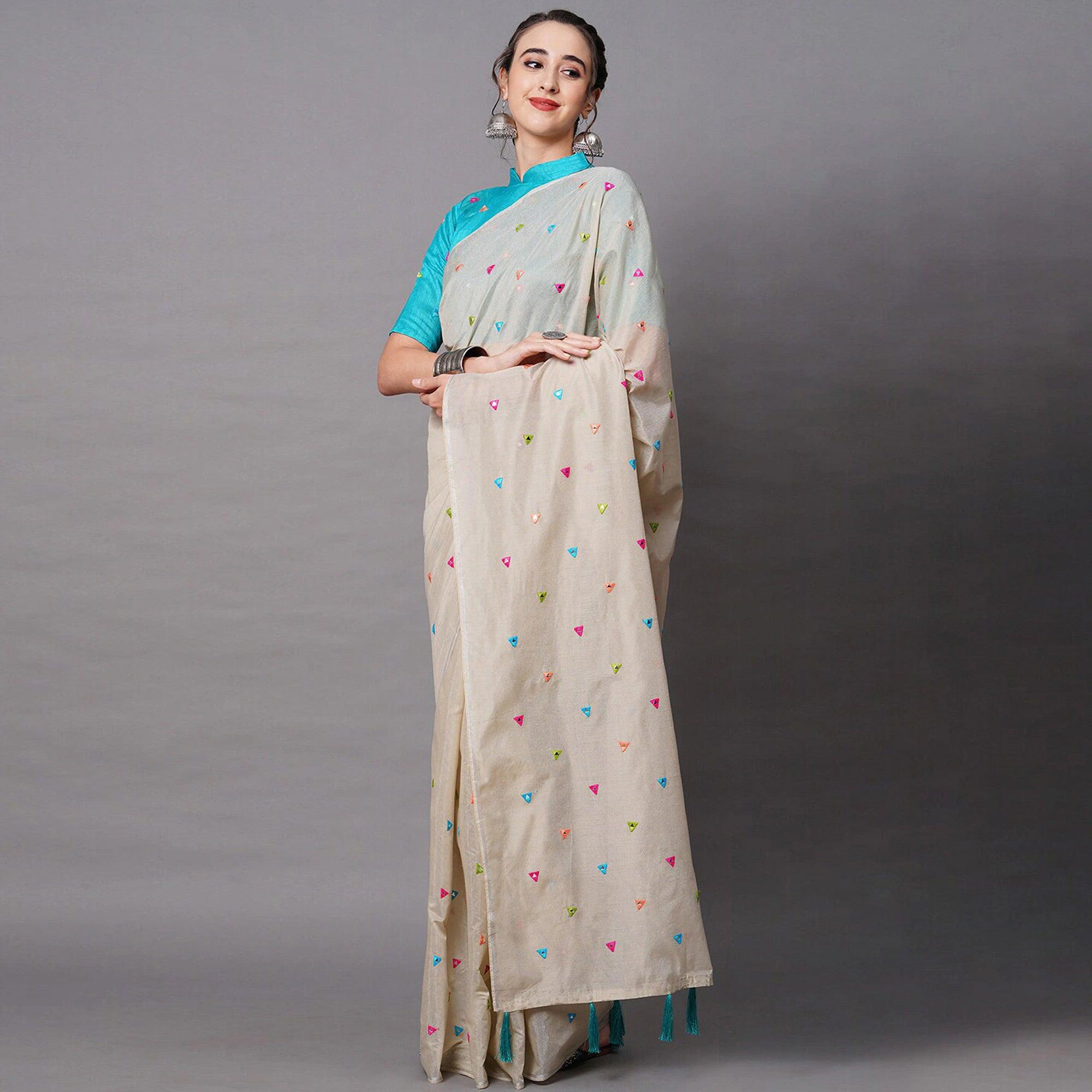 Beige Geometric Embroidered Cotton Blend Saree - Peachmode