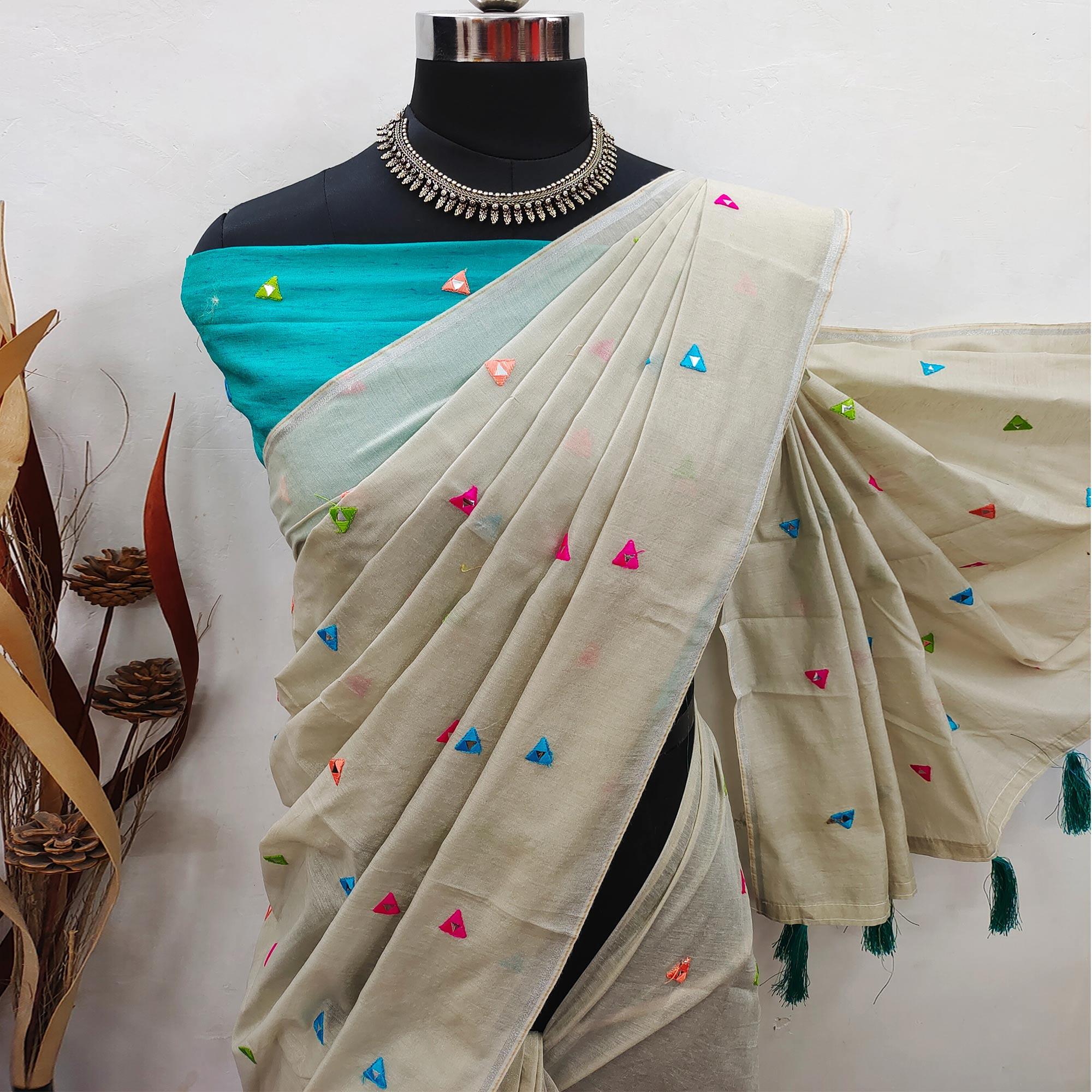 Beige Geometric Embroidered Cotton Blend Saree - Peachmode