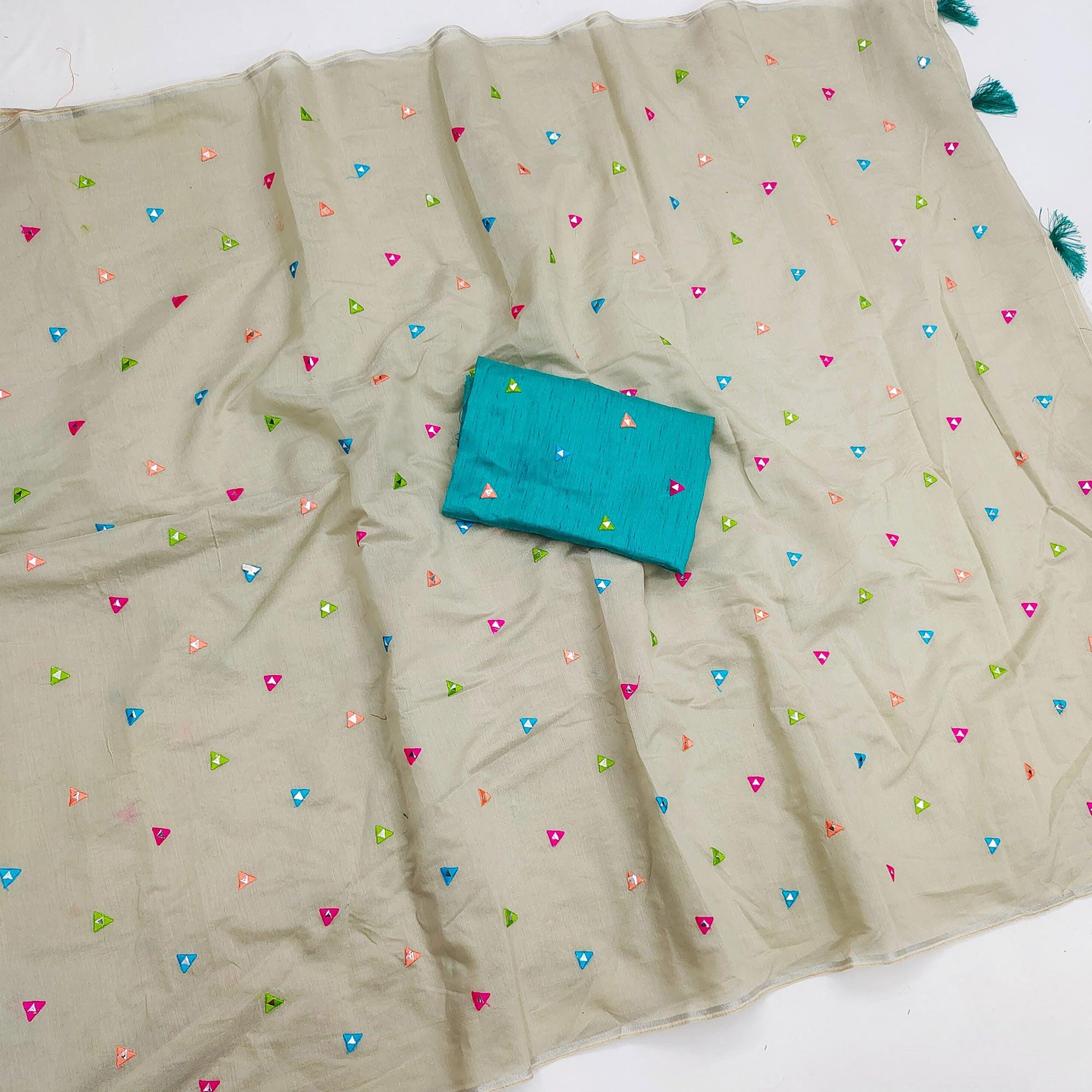 Beige Geometric Embroidered Cotton Blend Saree - Peachmode