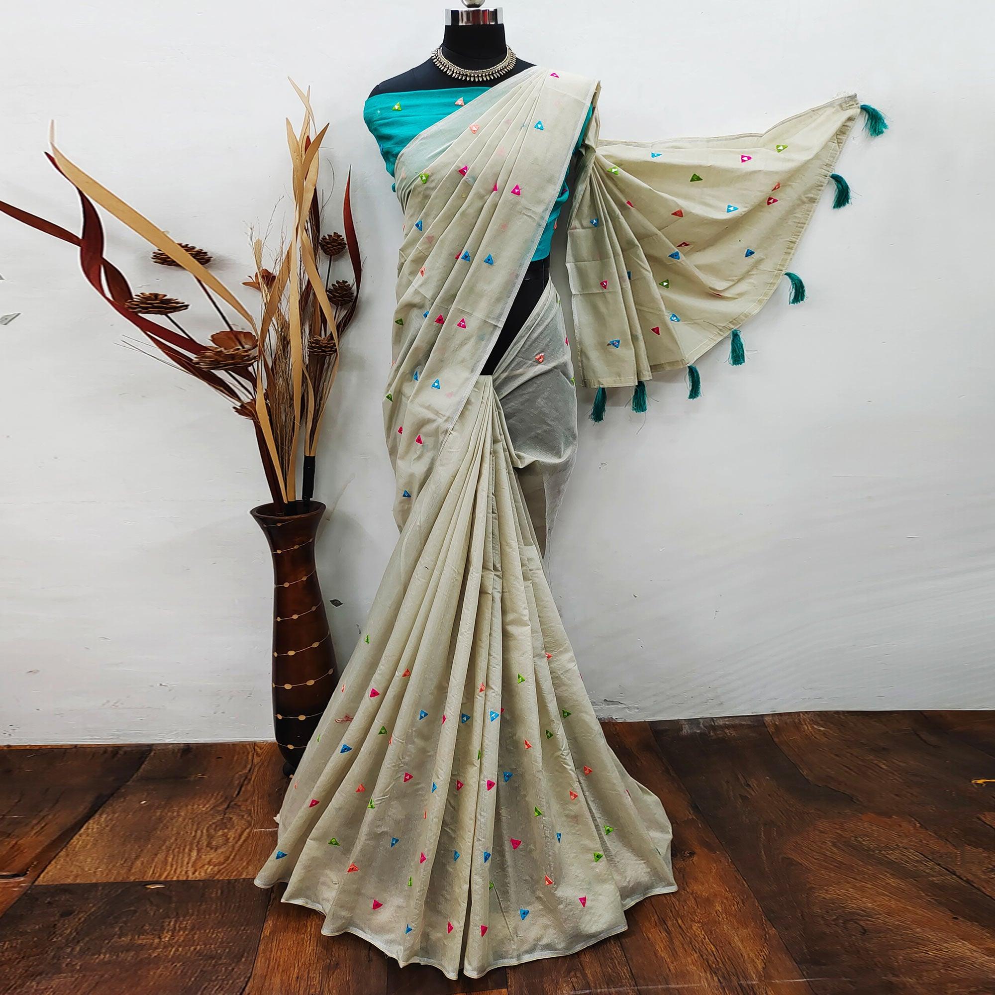 Beige Geometric Embroidered Cotton Blend Saree - Peachmode