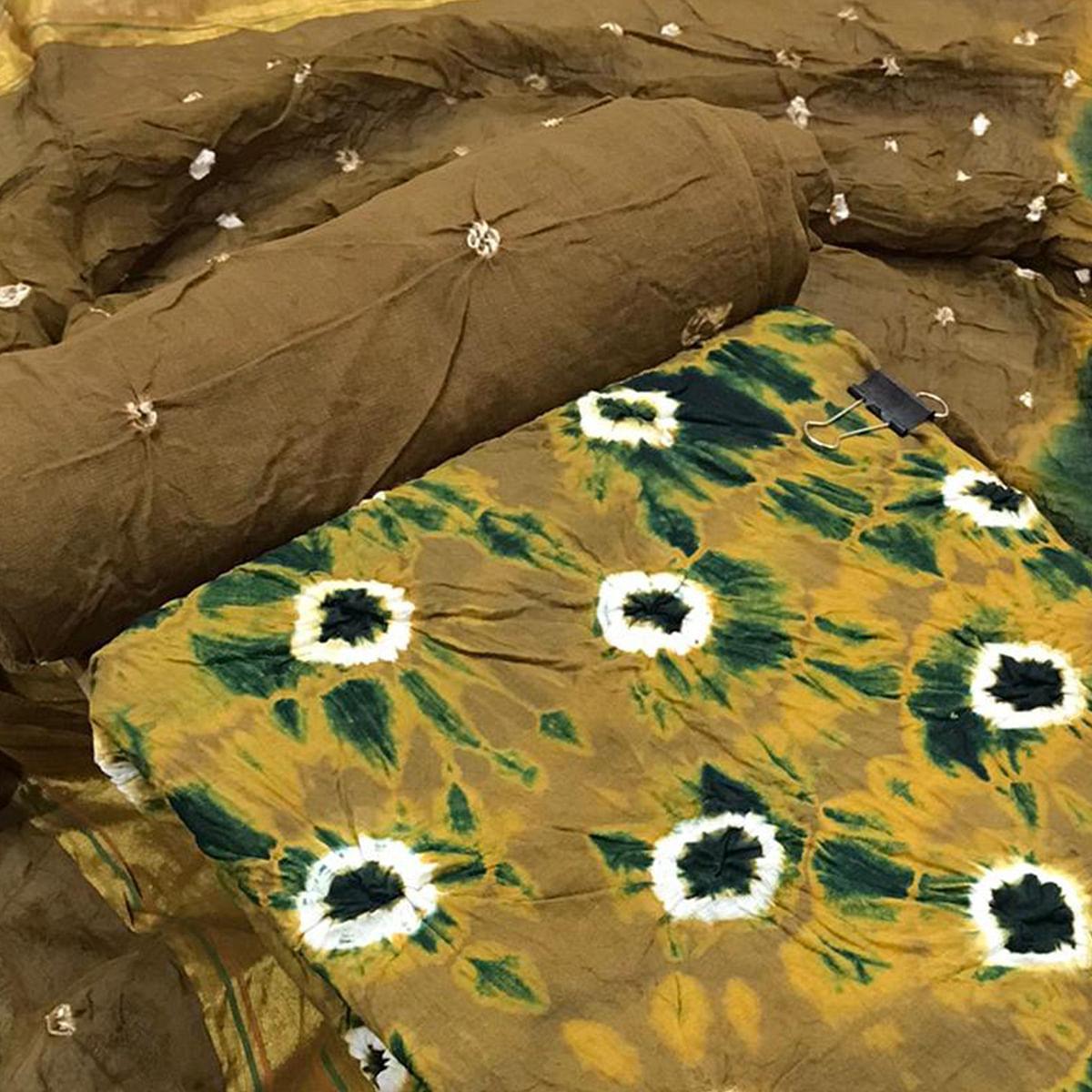 Beige-Green Bandhani Printed Pure Cotton Dress Material - Peachmode