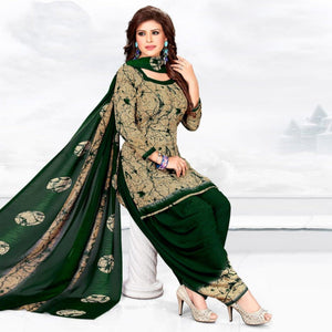 Beige-Green Casual Wear Printed Crepe Patiala Dress Material - Peachmode