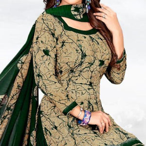 Beige-Green Casual Wear Printed Crepe Patiala Dress Material - Peachmode