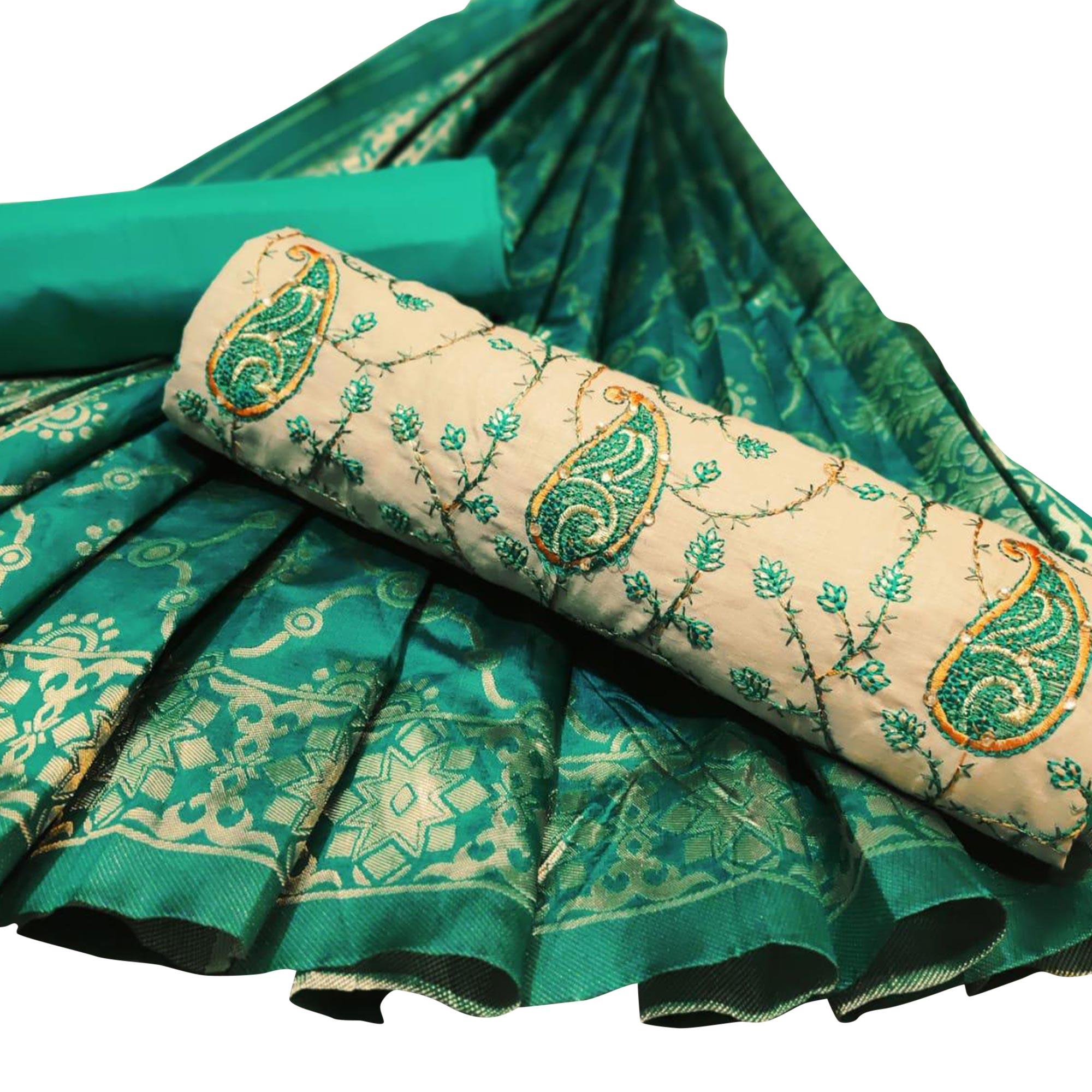 Beige-Green Embroidered Cotton Blend Dress Material - Peachmode