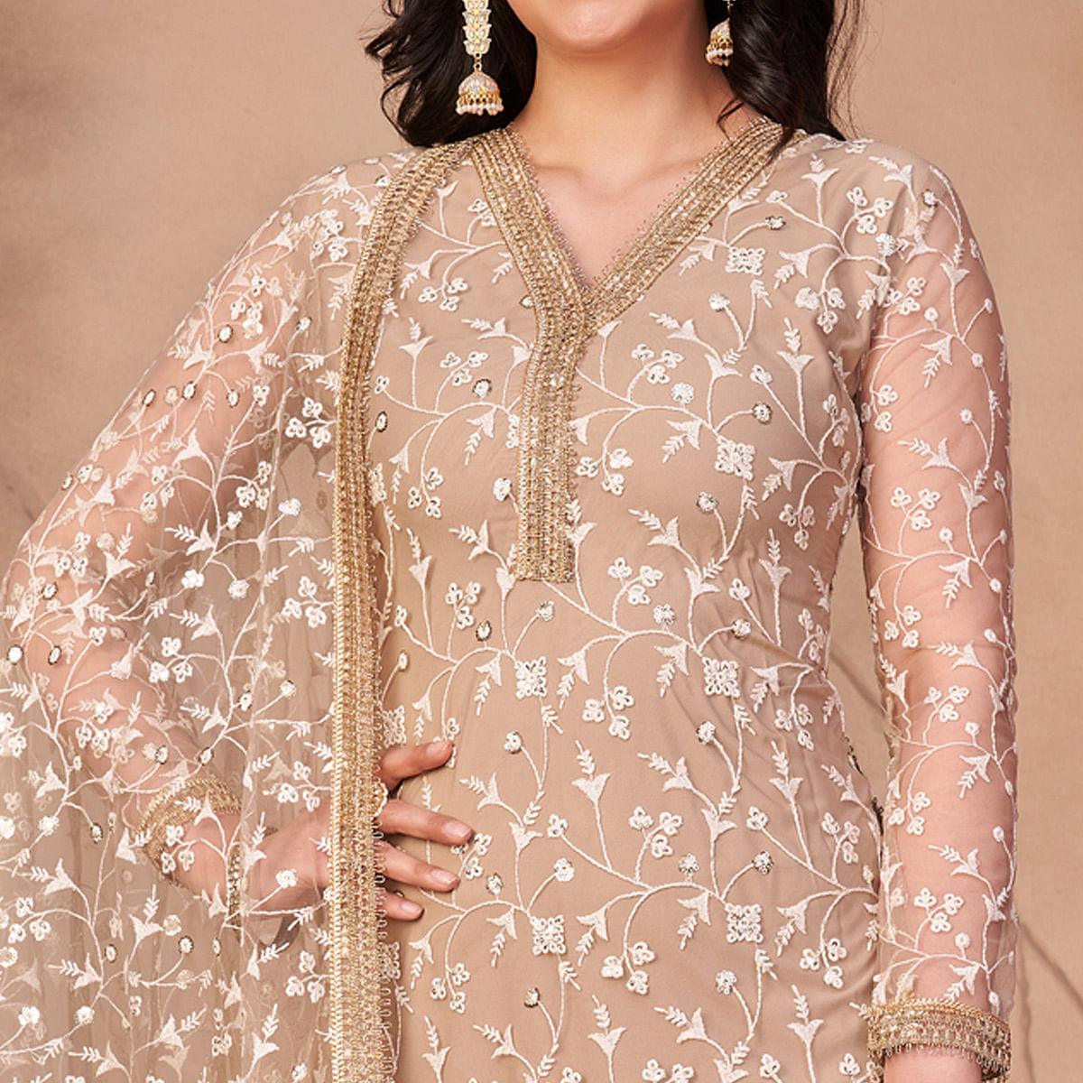 Beige Heavy Sequence Embroidered Net Partywear Suit - Peachmode