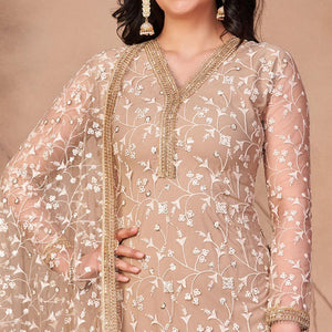 Beige Heavy Sequence Embroidered Net Partywear Suit - Peachmode