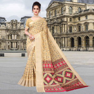 Beige Ikkat Printed Dola Silk Saree - Peachmode