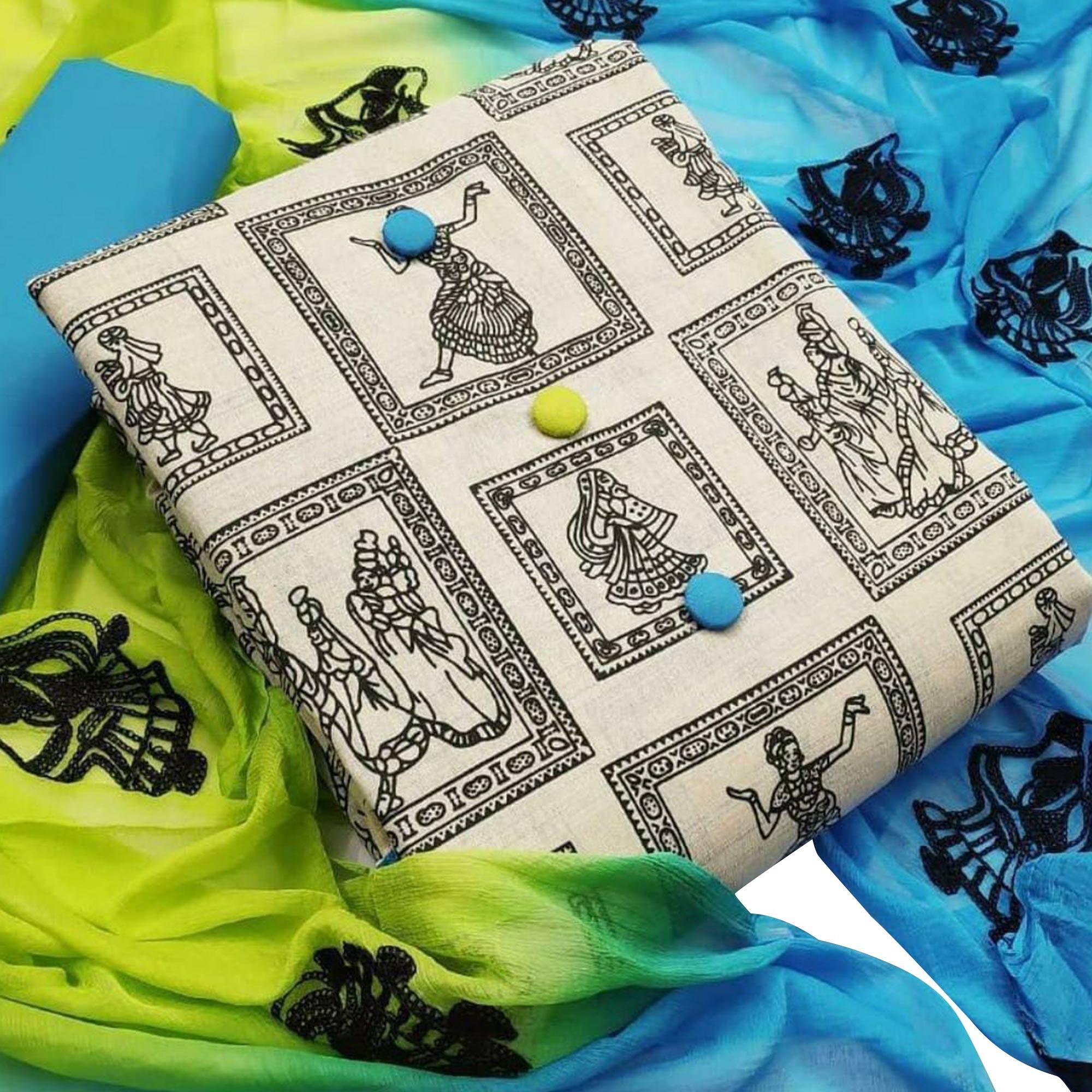 Beige Kalamkari Printed Pure Cotton Dress Material - Peachmode