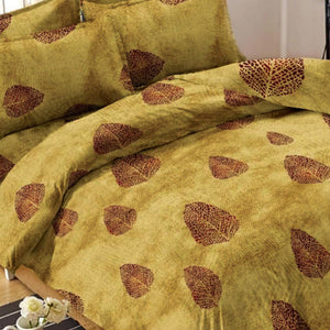 Beige Leaf Printed Double Bedsheet With Pillow Cover - Peachmode