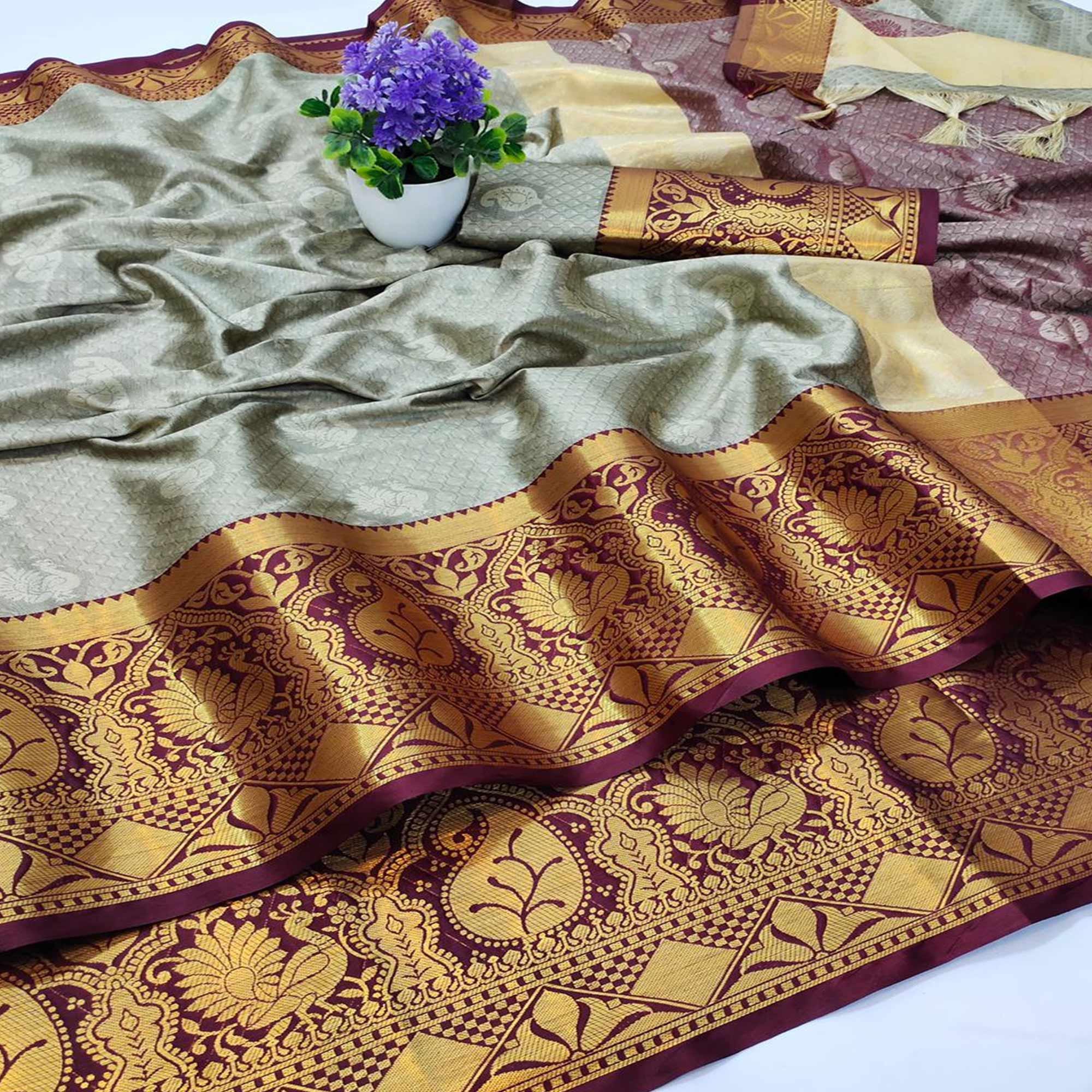 Beige - Maroon Festive Wear Woven Soft Cotton Saree - Peachmode