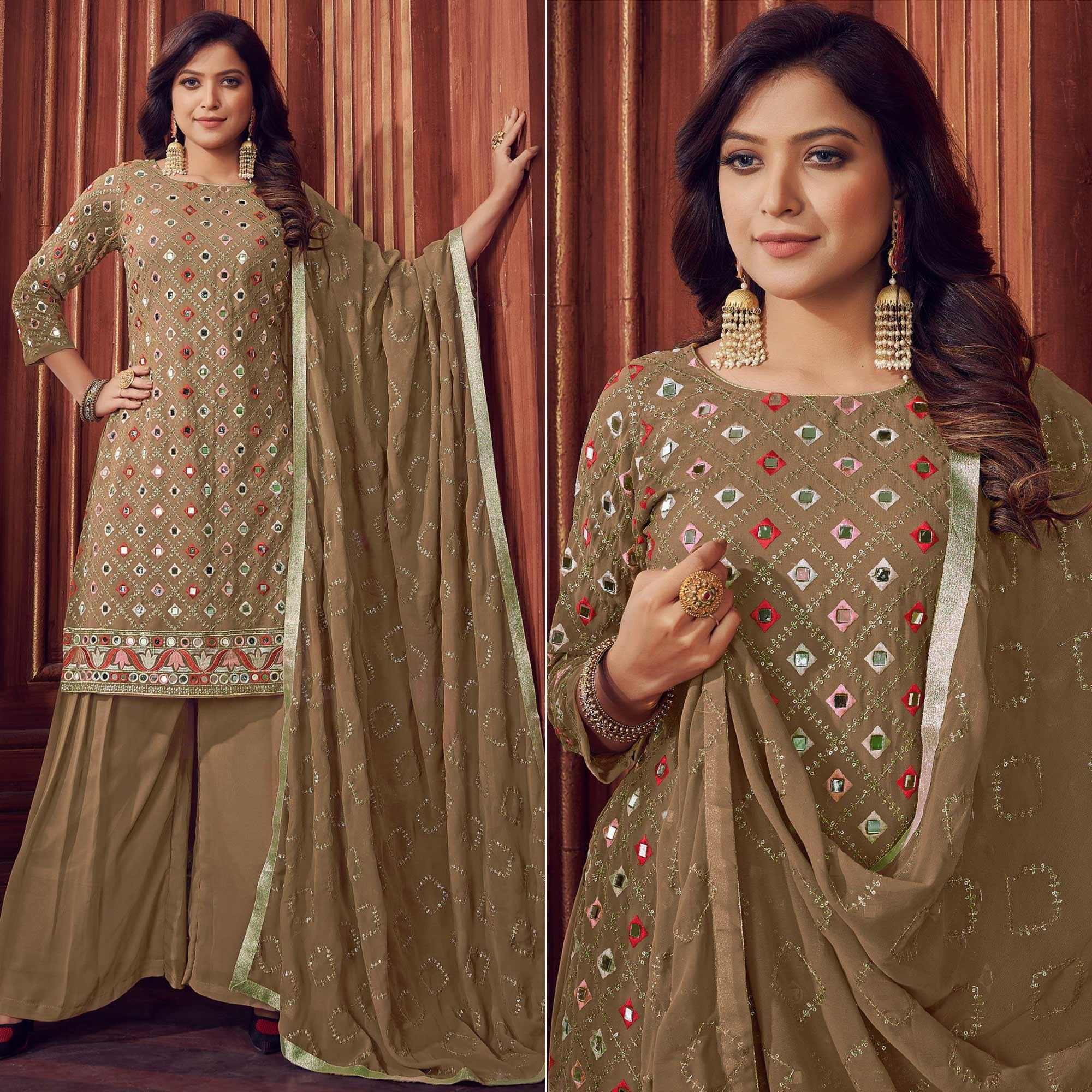 Beige Mirror & Sequence Embroidered Georgette Sharara Suit - Peachmode