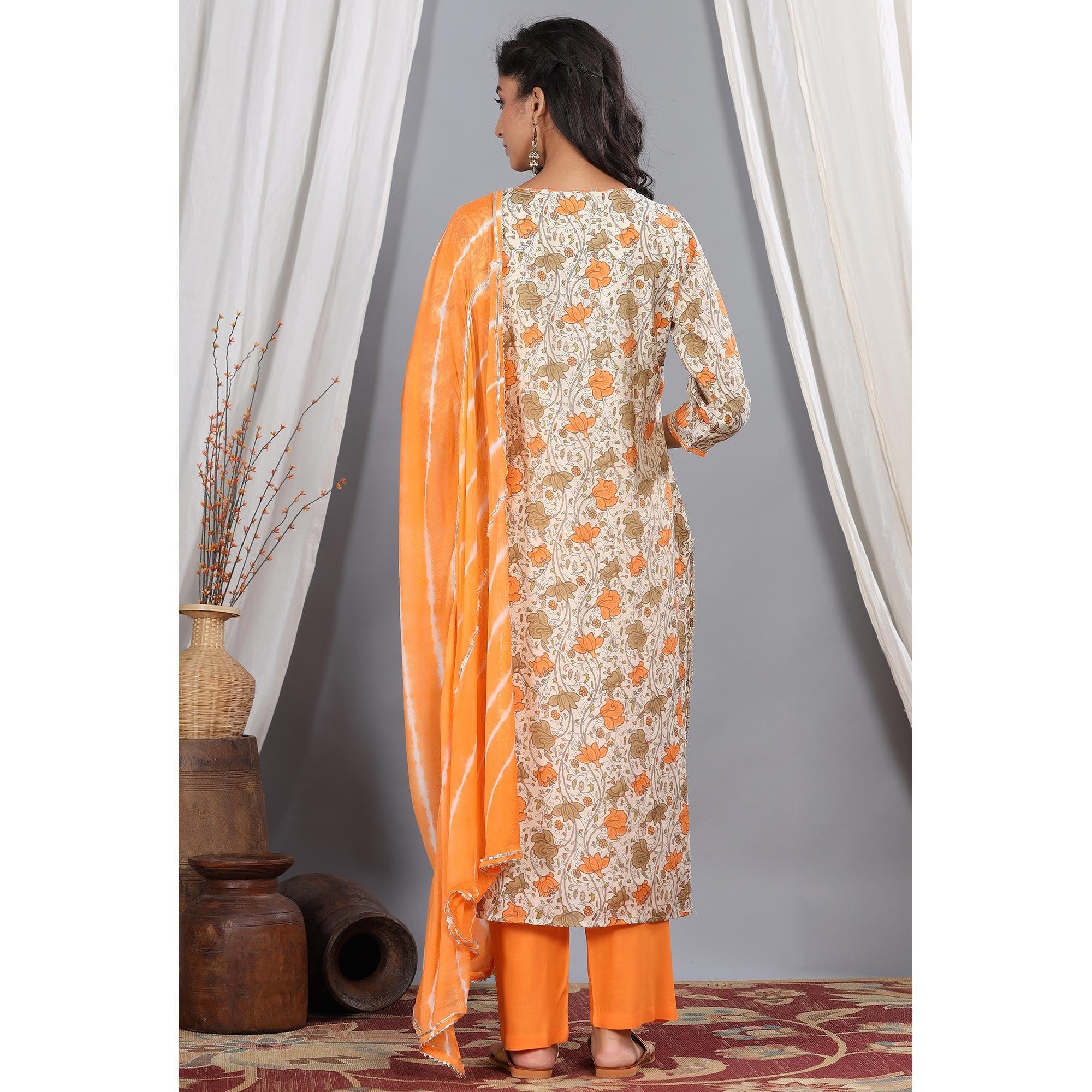 Beige - Orange Printed Pure Cotton Kurti - Pant Set With Dupatta - Peachmode