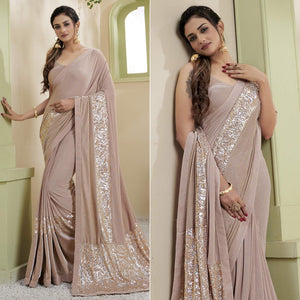 Beige Party Wear Embellished Lycra Saree - Peachmode