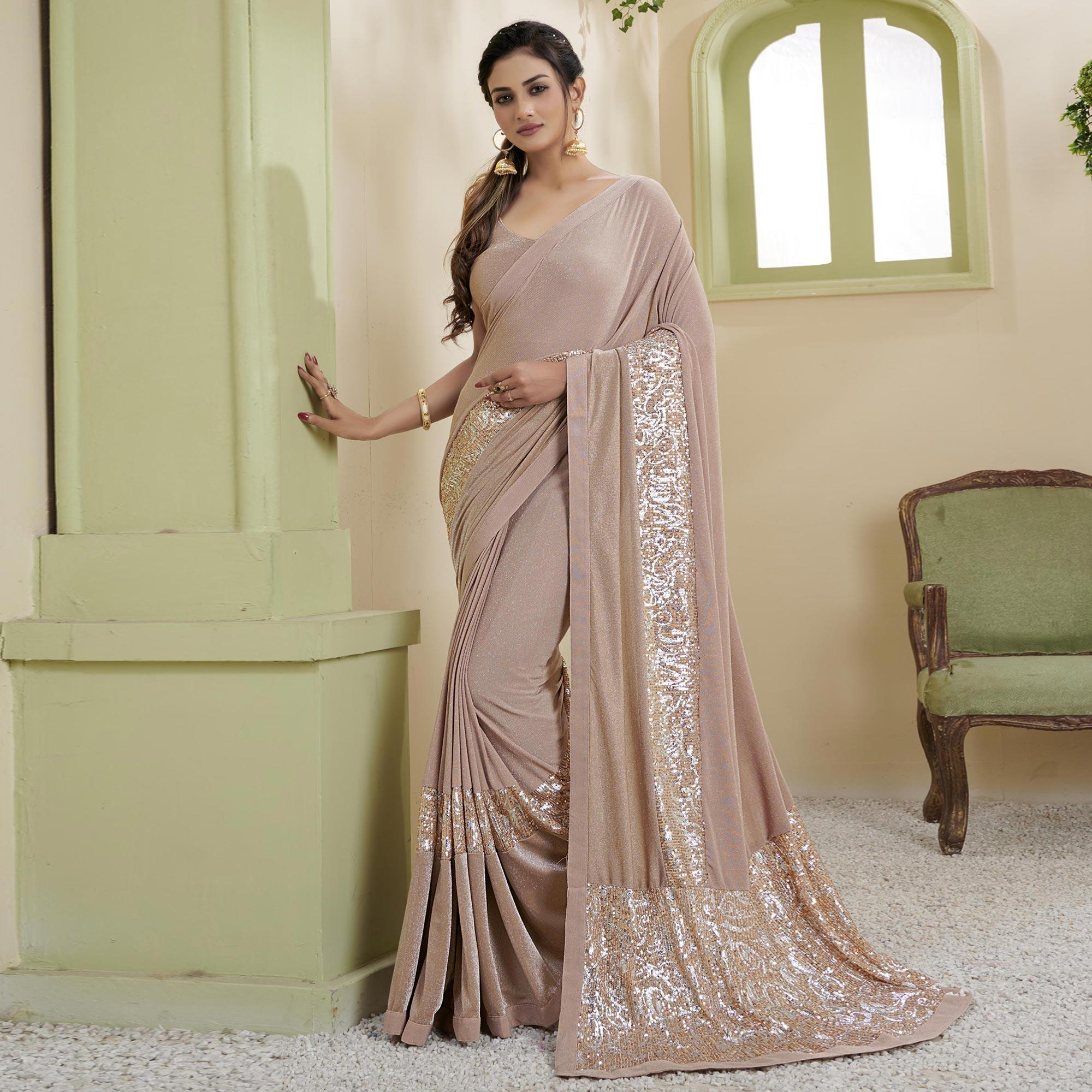 Beige Party Wear Embellished Lycra Saree - Peachmode