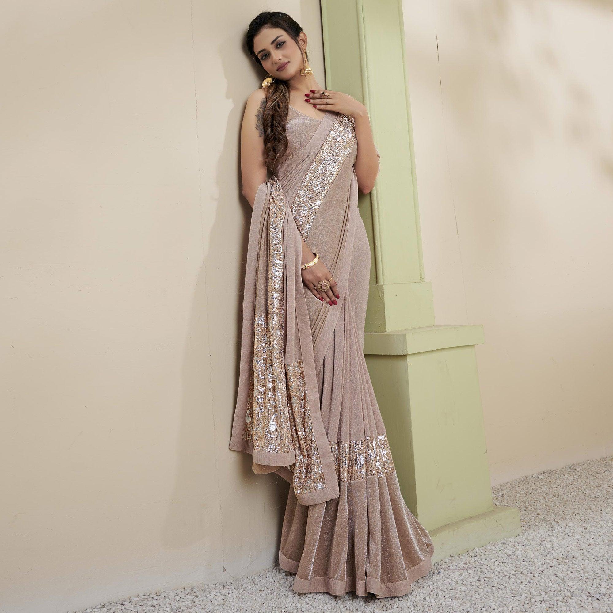Beige Party Wear Embellished Lycra Saree - Peachmode