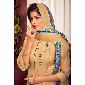 Beige Party Wear Embroidered Cotton Kurti Pant Set With Dupatta - Peachmode
