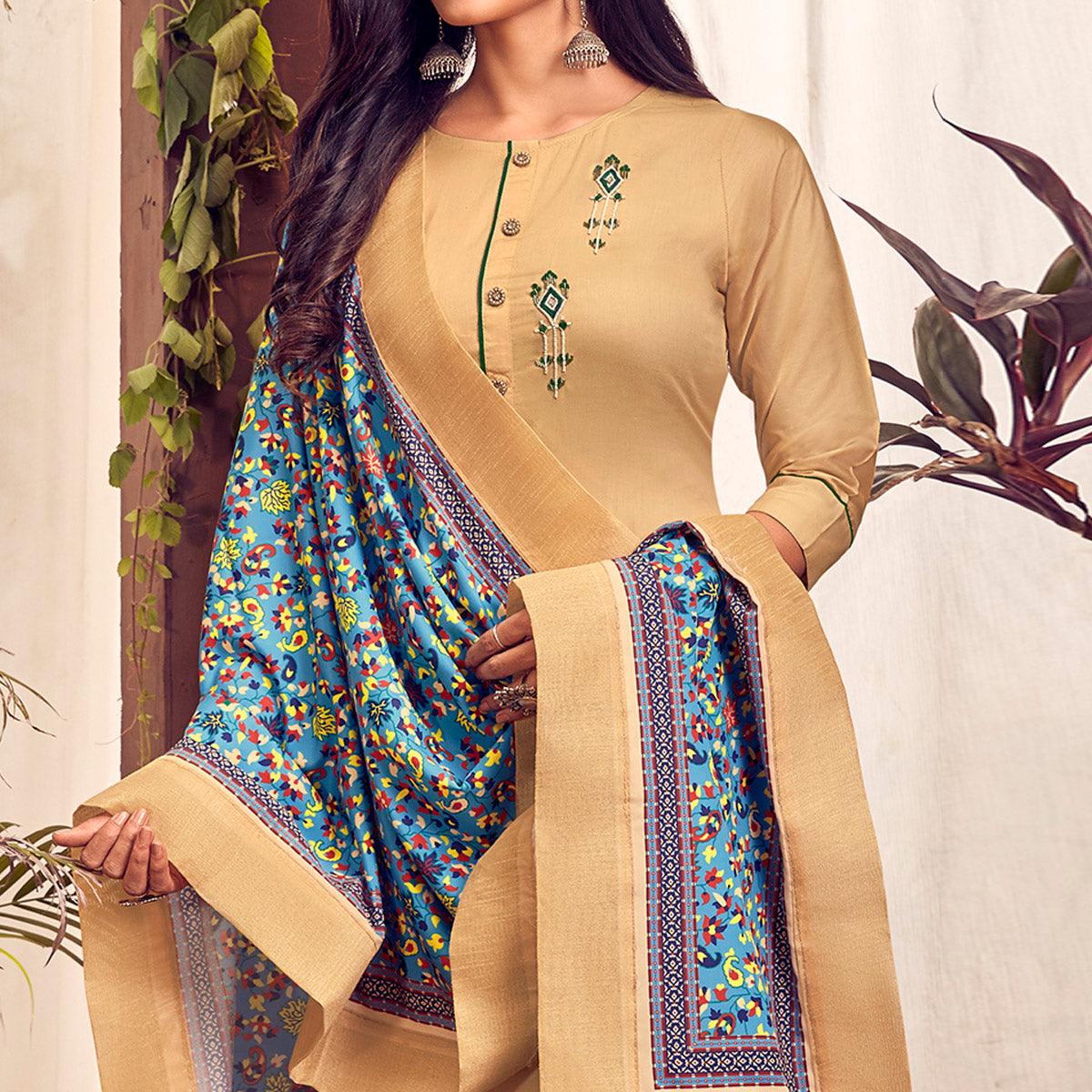 Beige Party Wear Embroidered Cotton Kurti Pant Set With Dupatta - Peachmode