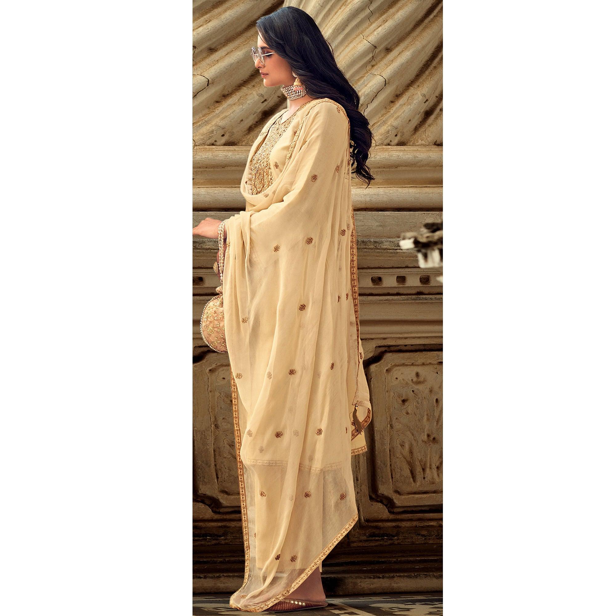 Beige Party Wear Embroidered Muslin Suit - Peachmode