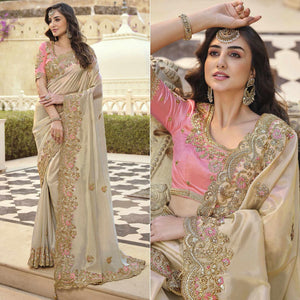 Beige Party Wear Embroidered Satin Saree - Peachmode