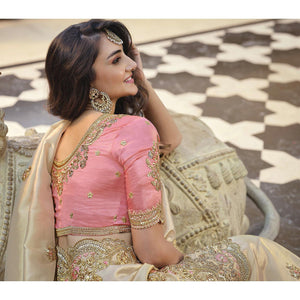 Beige Party Wear Embroidered Satin Saree - Peachmode