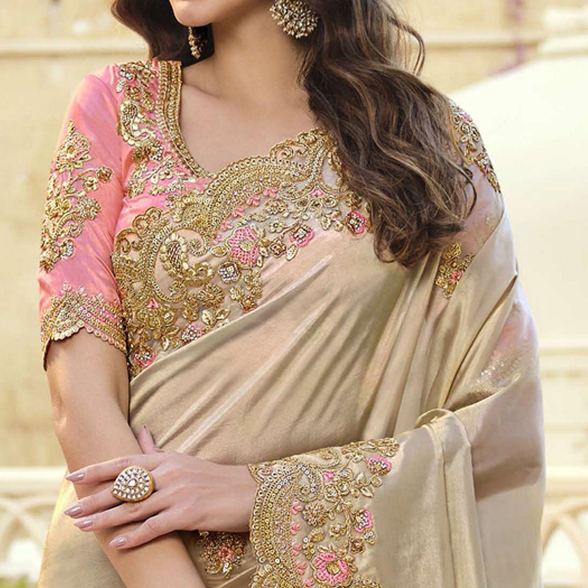 Beige Party Wear Embroidered Satin Saree - Peachmode