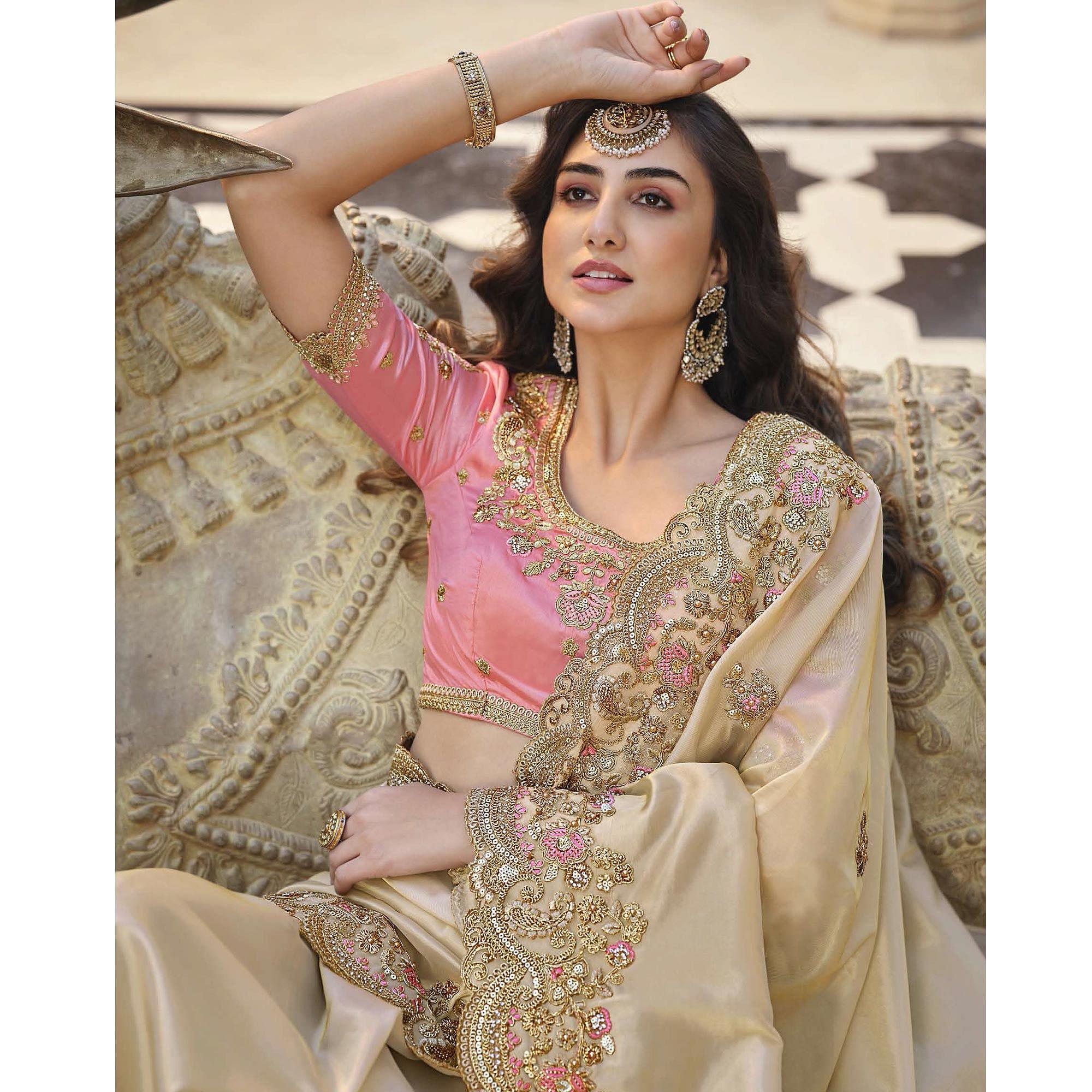 Beige Party Wear Embroidered Satin Saree - Peachmode