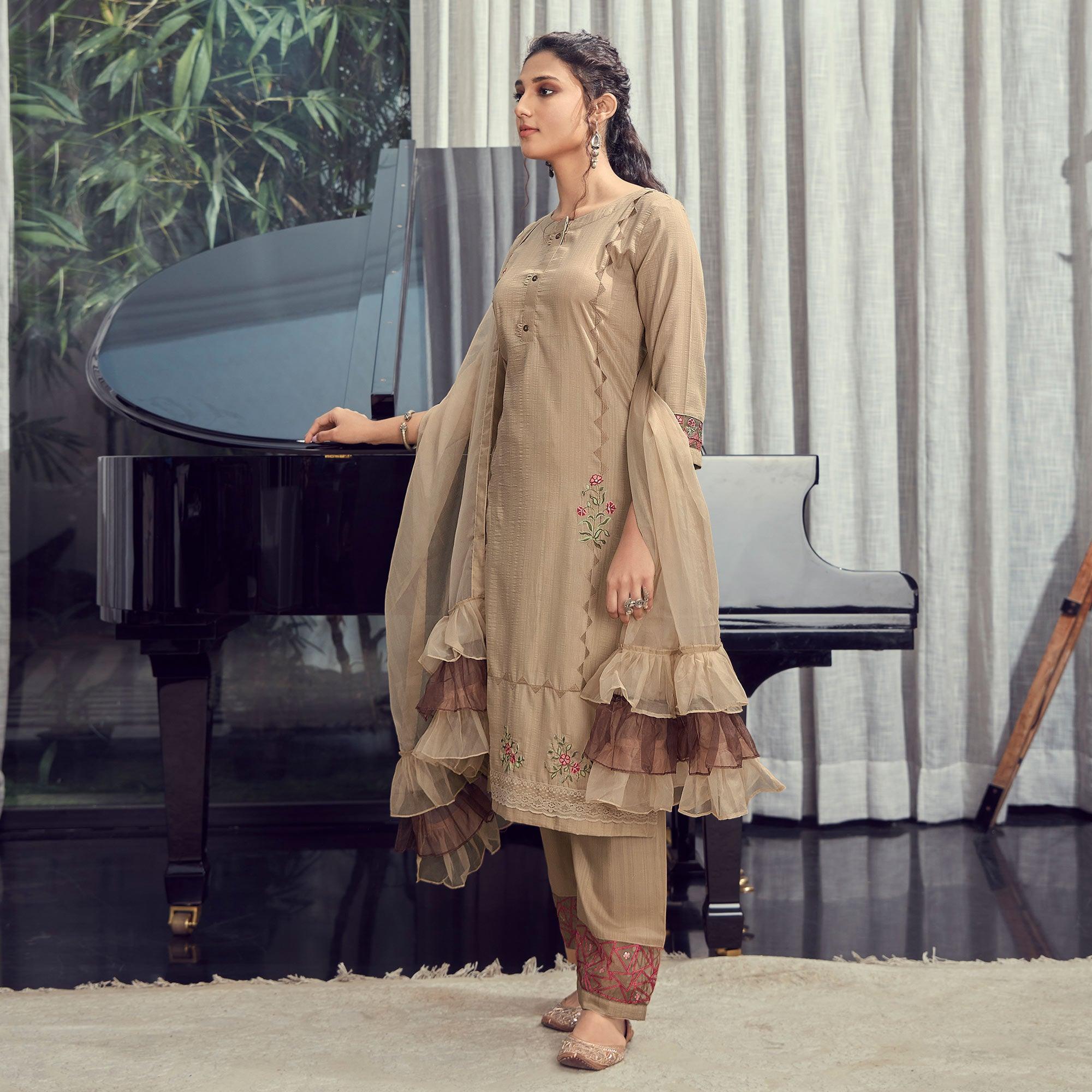 Beige Party Wear Embroidered Silk Kurti Pant Set With Ruffles Dupatta - Peachmode