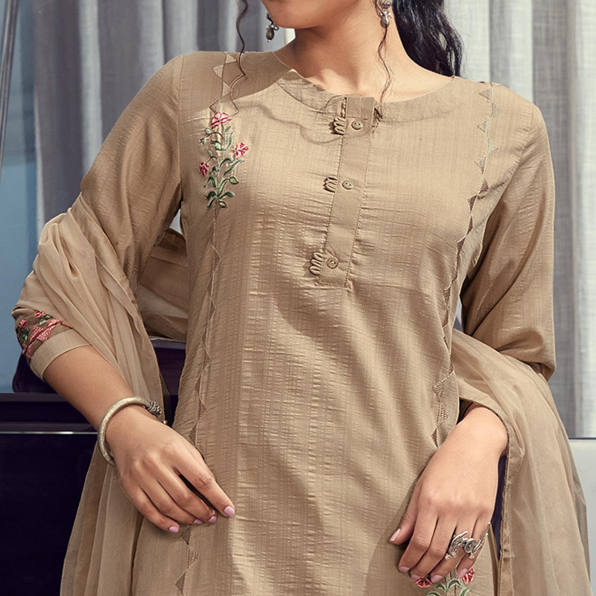 Beige Party Wear Embroidered Silk Kurti Pant Set With Ruffles Dupatta - Peachmode