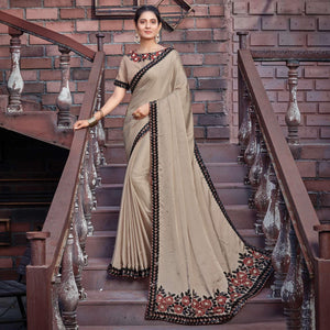 Beige Party Wear Embroidered Silk Saree - Peachmode