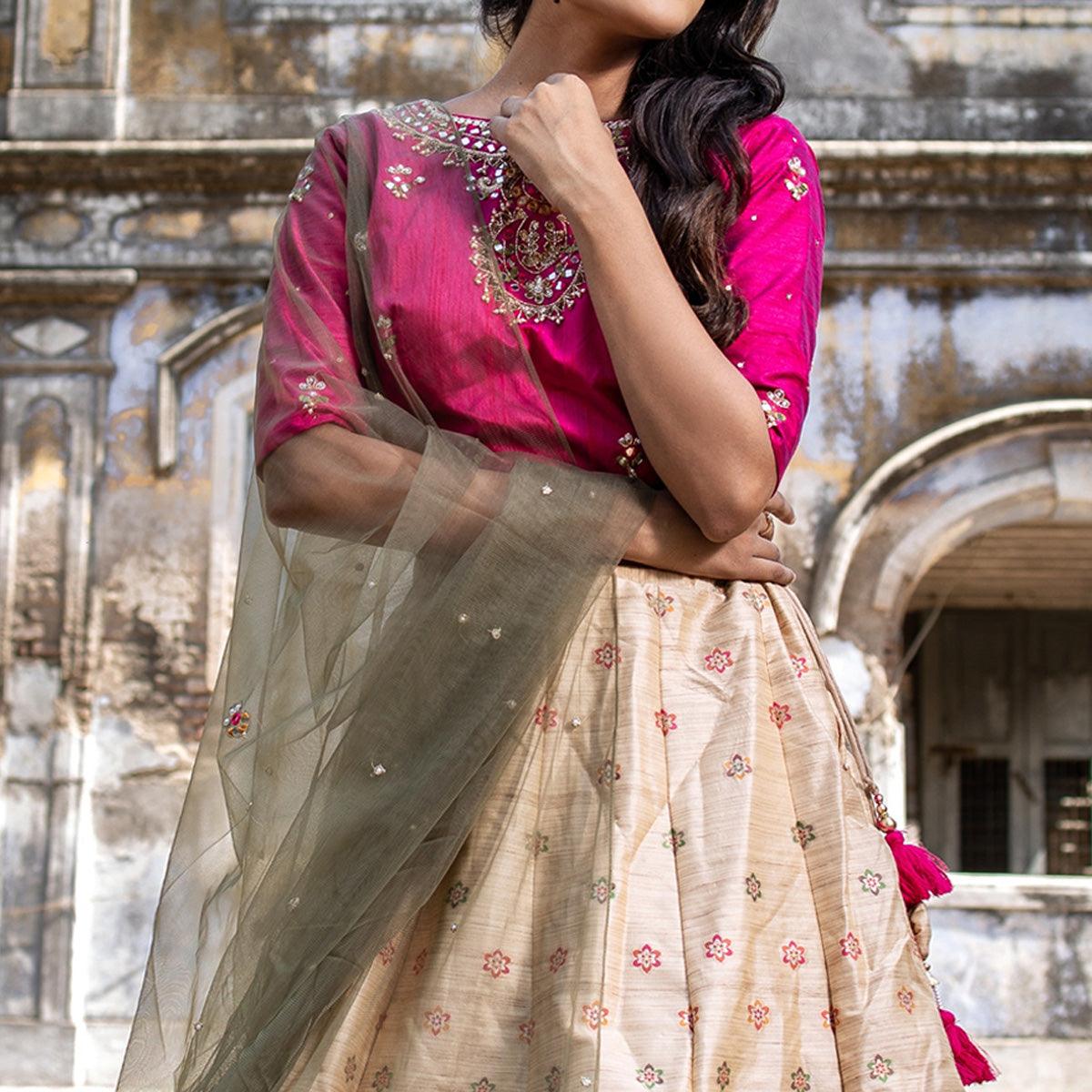 Beige Party Wear Embroidered Soft Silk Lehenga Choli - Peachmode