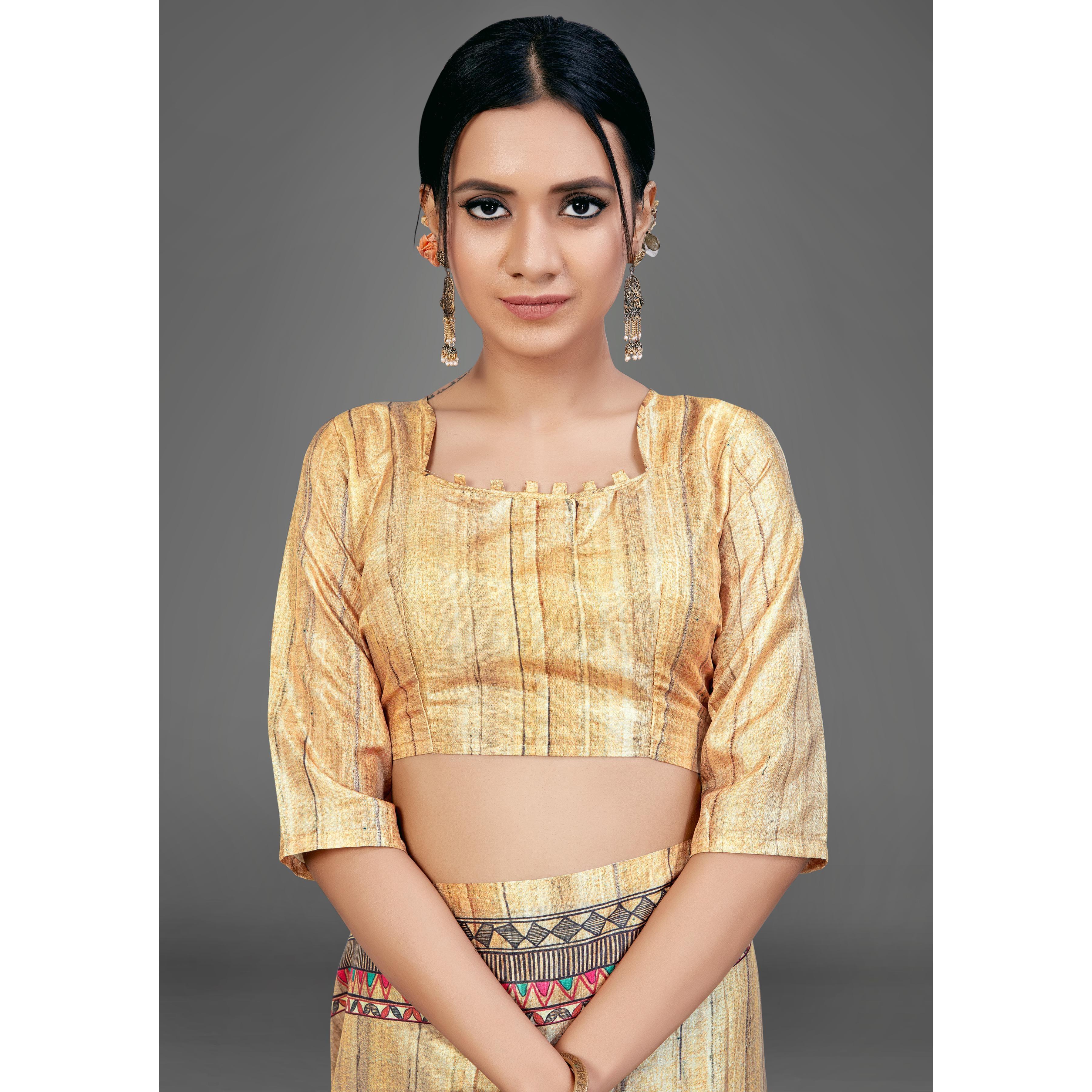 Beige Party Wear Silk Blend Floral-Animal Print Saree With Unstitched Blouse - Peachmode