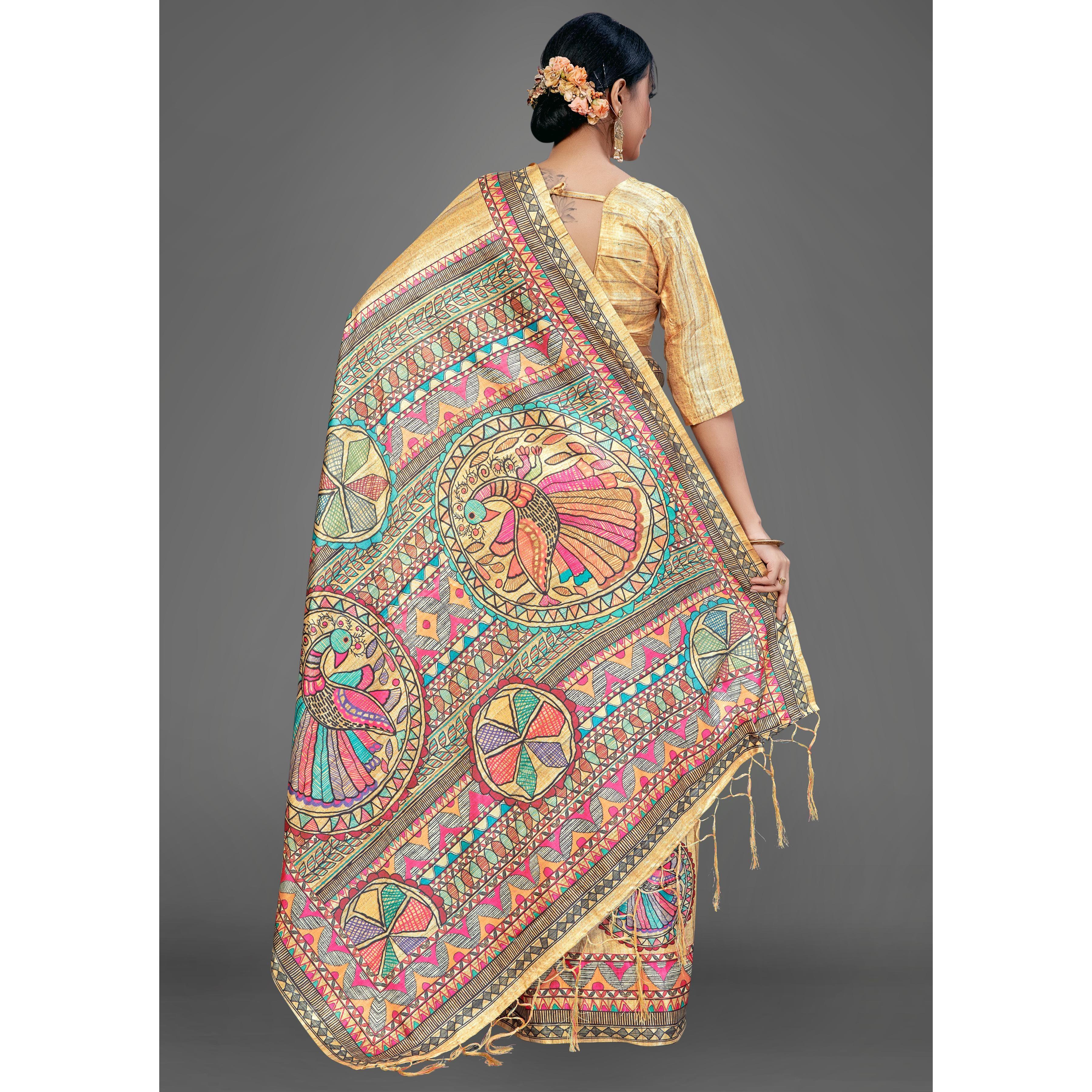 Beige Party Wear Silk Blend Floral-Animal Print Saree With Unstitched Blouse - Peachmode