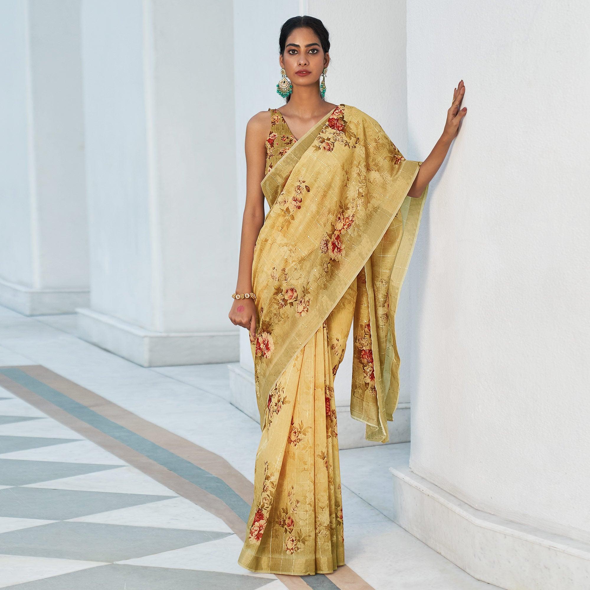 Beige Partywear Digital Printed & Sequence Woven Pure Linen Saree - Peachmode