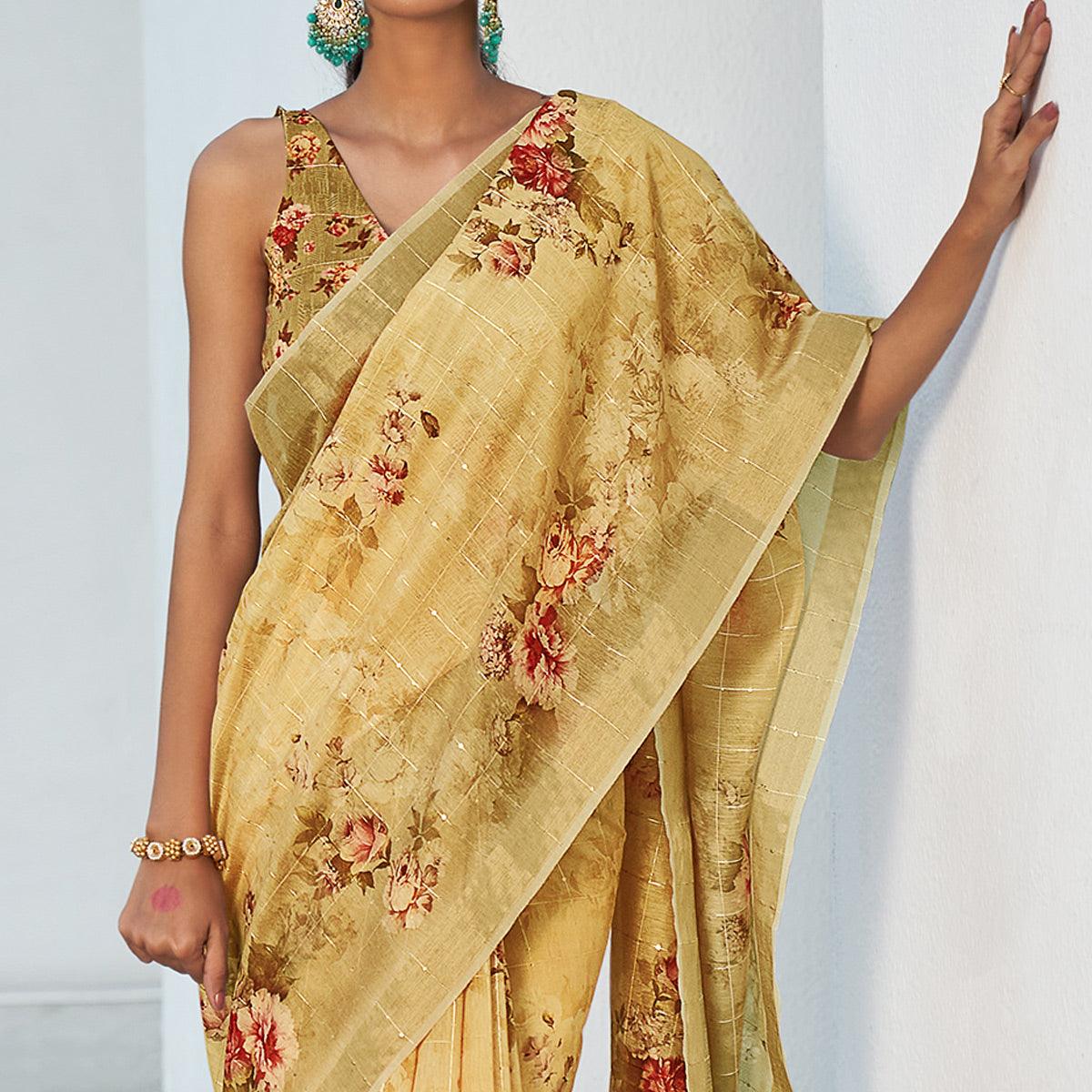 Beige Partywear Digital Printed & Sequence Woven Pure Linen Saree - Peachmode